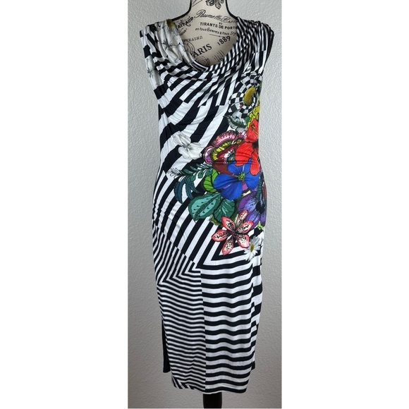 Desigual Women's Sara Draped Fitted Stripped Floral Printed Bodycon Dress Small - Picture 3 of 10